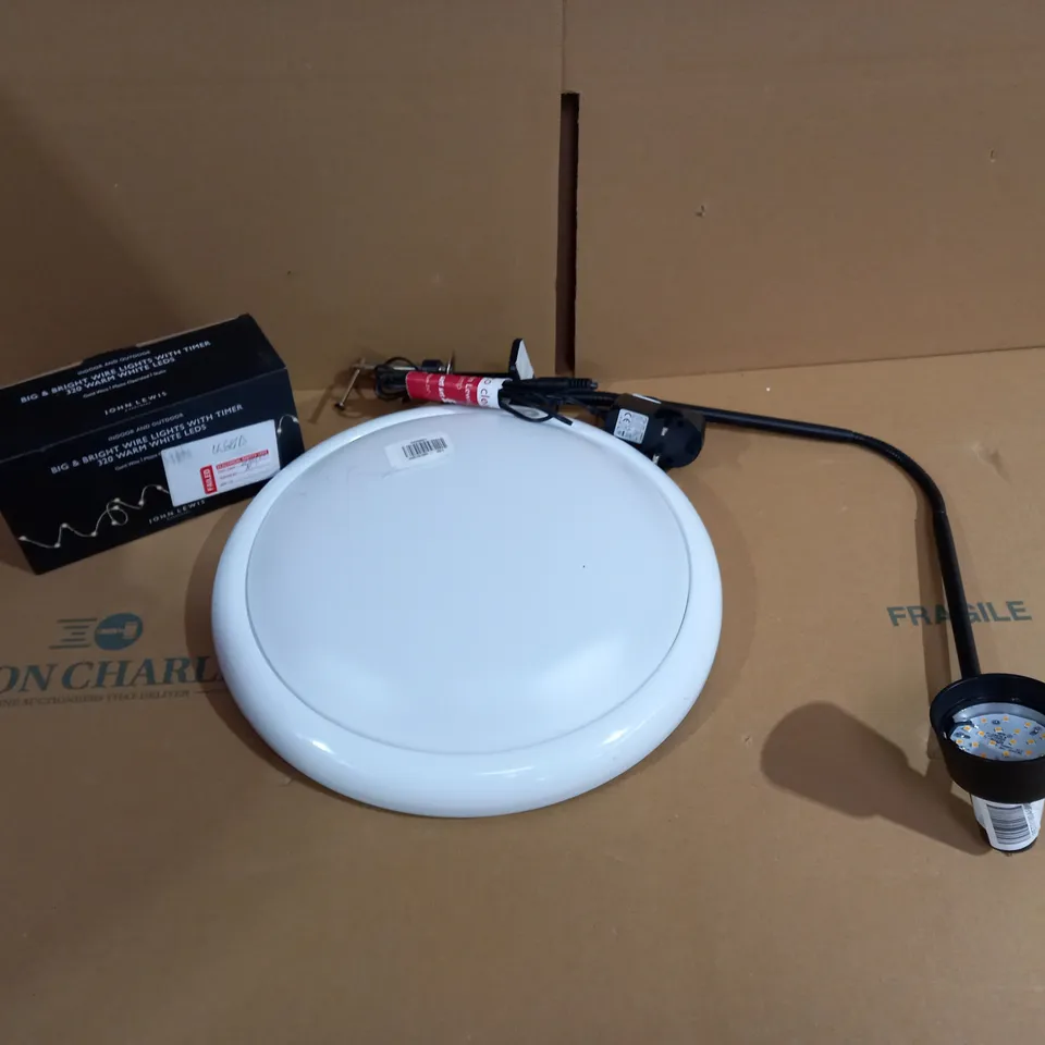 BOX OF APPROX 5 LIGHTING ITEMS TO INCLUDE SAXBY CEILING LIGHT, JOHN LEWIS WIRE LIGHTS, JOHN LEWIS LED TABLE LAMP