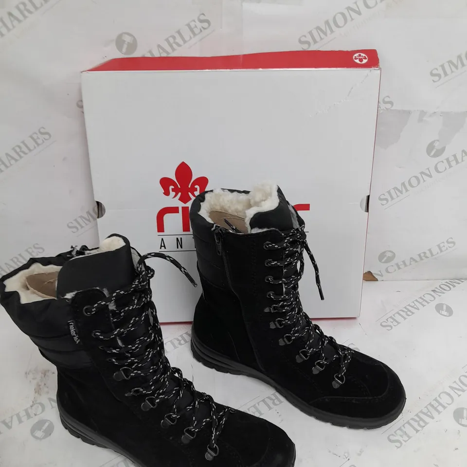 BOXED PAIR OF RIEKER SUEDE WATER RESISTANT BOOTS IN BLACK SIZE 6
