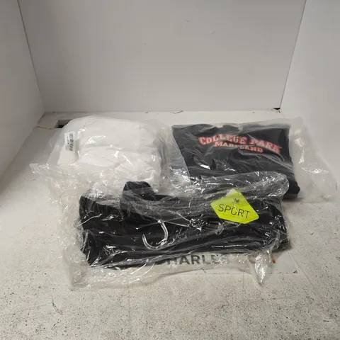 BOX OF APPROXIMATELY 18 ASSORTED CLOTHING ITEMS TO INCLUDE WACOAL BLACK SPORTS BRA, "COLLEGE PARK MARYLAND" HOODIE ETC