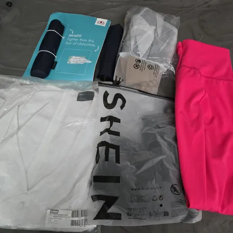 APPROXIMATELY 35 ASSORTED CLOTHING ITEMS IN VARIOUS SIZES, STYLES & COLOURS TO INCLUDE LEGGINGS, MIDI DRESS, UMBRELLA, ETC