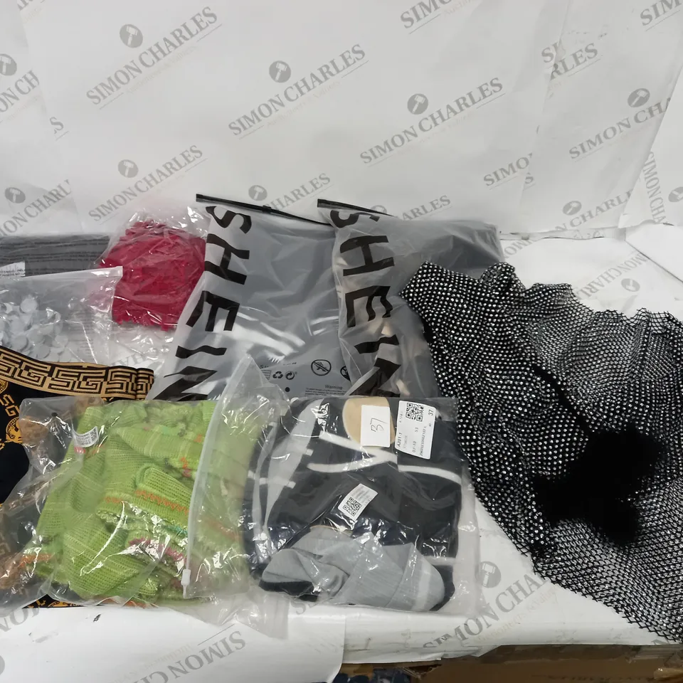 BOX OF APPROXIMATELY 25 ASSORTED CLOTHING PRODUCTS IN VARIOUS SIZES TO INCLUDE DRESSES, UNDERWEAR, TROUSERS ETC 