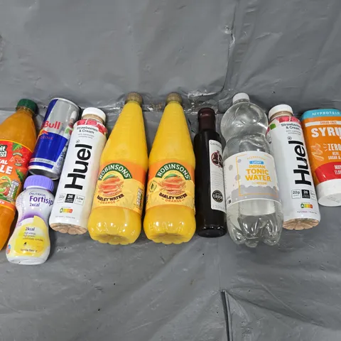 APPROXIMATELY 10 ASSORTED DRINK ITEMS TO INCLUDE - FRUIT SHOOT SQUASH, HUEL, AND REDBULL ETC.