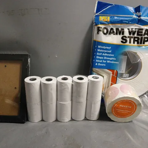 APPROXIMATELY 12 ASSORTED ITEMS TO INCLUDE - FOAM WEATHER STRIP , RECEIPT PAPER , FRAME ETC