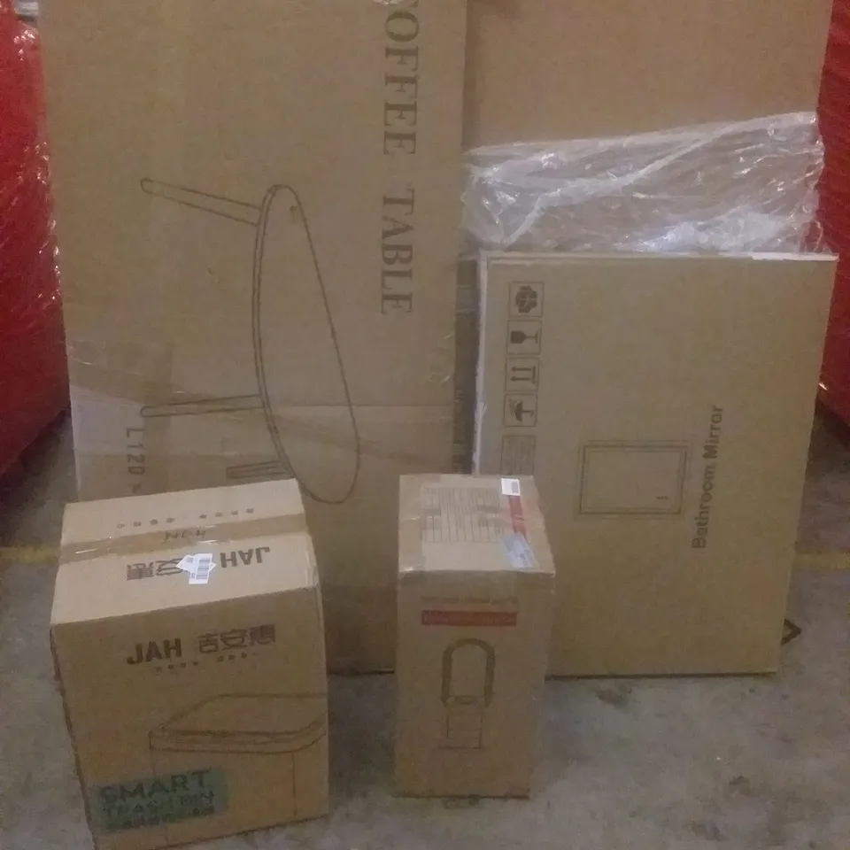 PALLET OF ASSORTED ITEMS INCLUDING COFFEE TABLE, BATHROOM MIRROR, SMART TRASH BIN, BLADELESS PURIFIER AND HEATER FAN