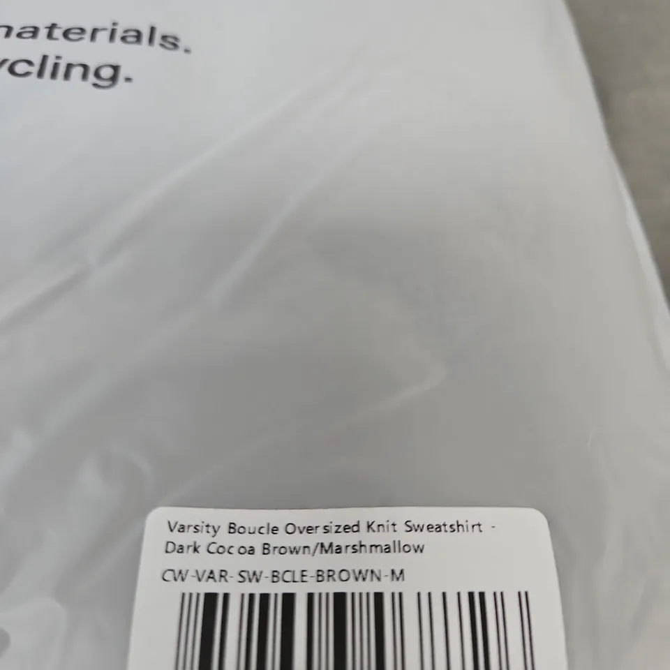 ADANOLA VARSITY BOUCLE OVERSIZED KNIT SWEATSHIRT – DARK COCOA BROWN/MARSHMALLOW – UK M