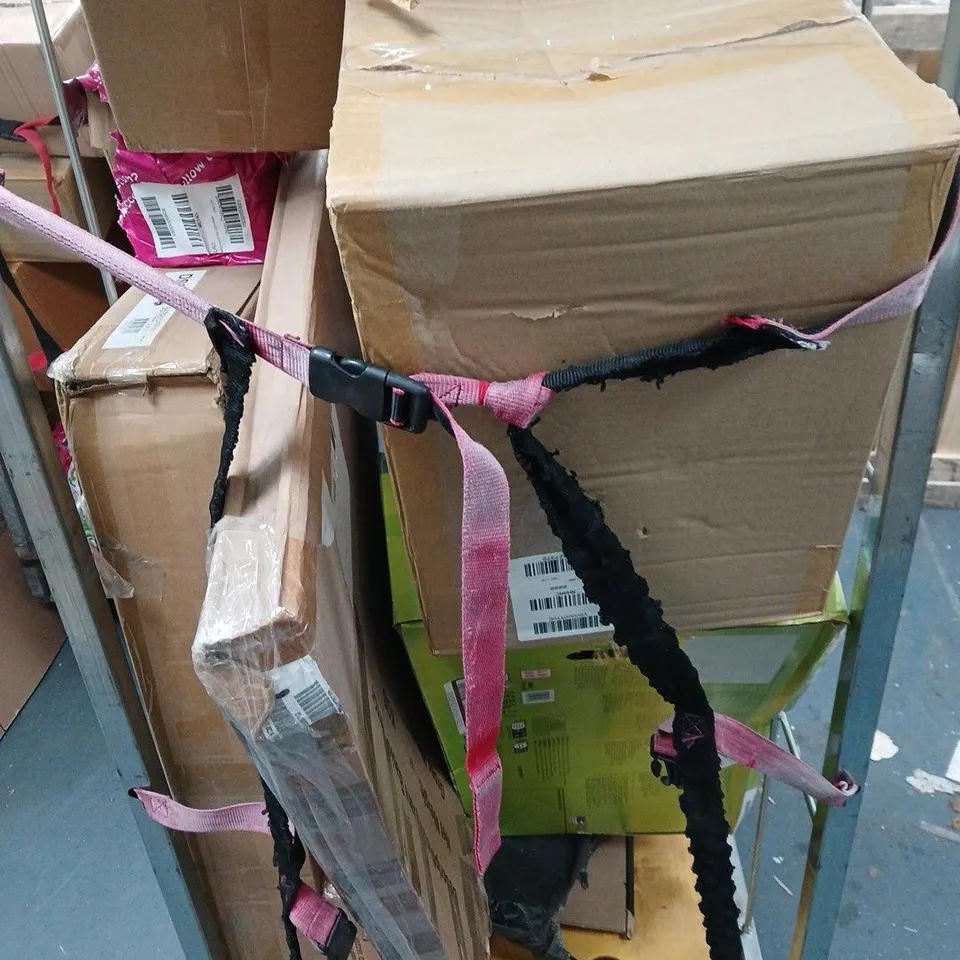 CAGE OF APPROXIMATELY 10 ASSORTED ITEMS TO INCLUDE: BOOTS AND BABY BOUNCER ATTACHMENT 