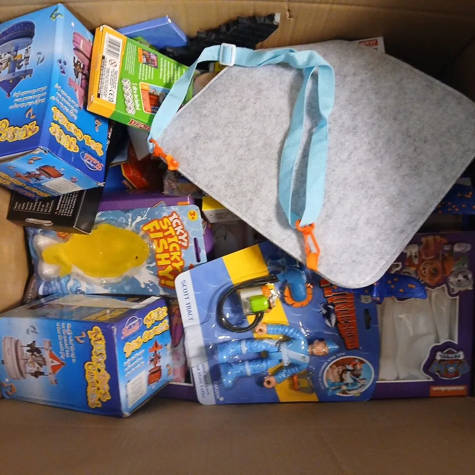 APPROXIMATELY 15 ASSORTED TOYS, GAMES, GIFTS AND NOVELTIES TO INCLUDE MUSIC BOX CAROUSEL, PAW PATROL SET MINI CHEF, THUNDERBIRDS FIGURE, ETC - COLLECTION ONLY