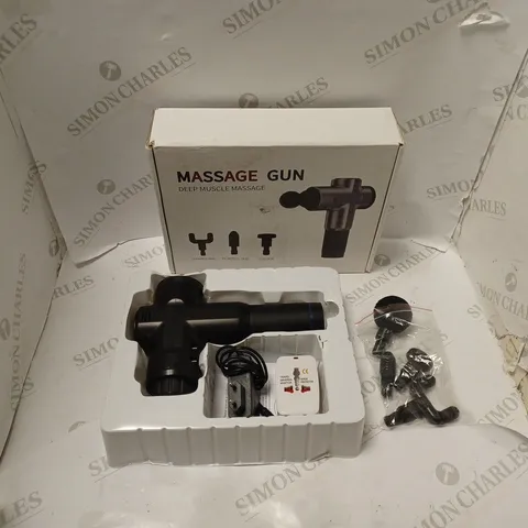 BOXED DEEP MUSCLE MASSAGE GUN WITH ACCESSORIES, POWER SUPPLY, UNIVERSAL ADAPTOR AND INSTRUCTIONS