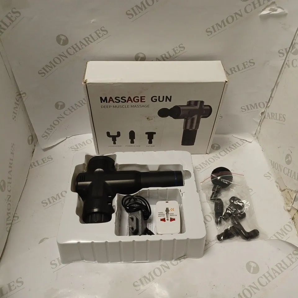 BOXED DEEP MUSCLE MASSAGE GUN WITH ACCESSORIES, POWER SUPPLY, UNIVERSAL ADAPTOR AND INSTRUCTIONS