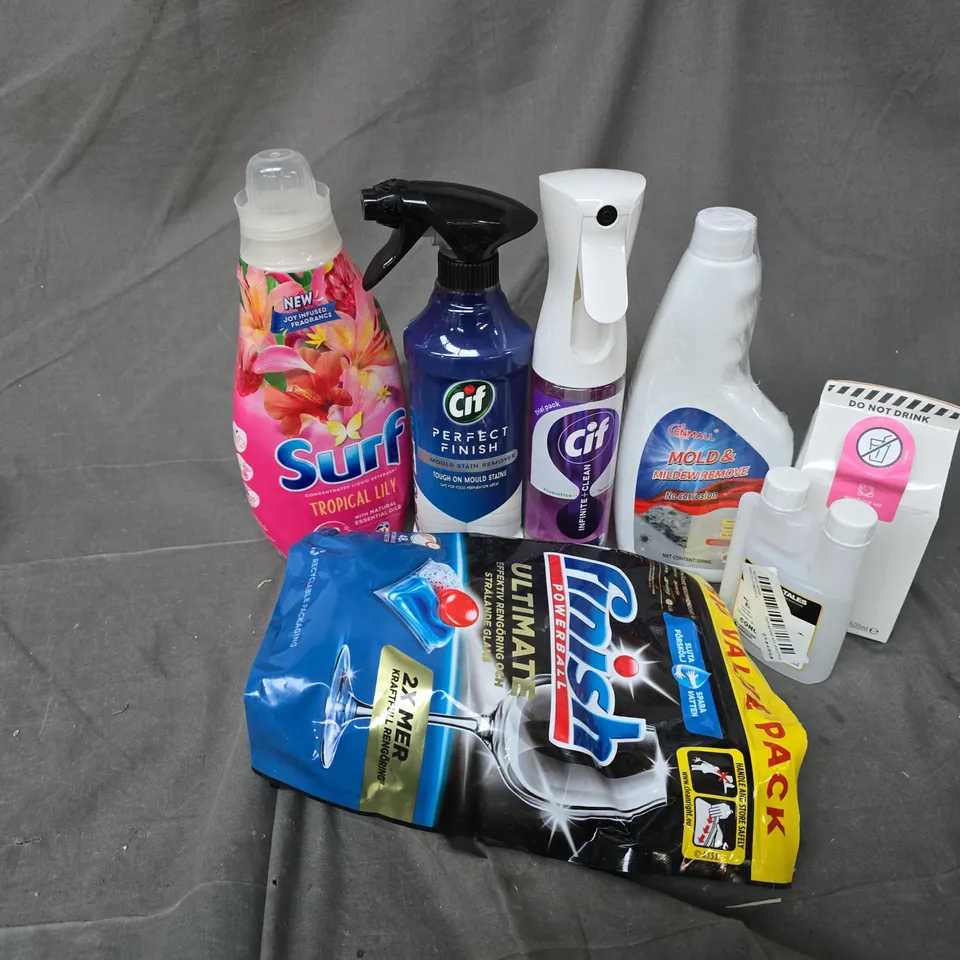 APPROXIMATELY 10 ASSORTED HOUSEHOLD LIQUID PRODUCTS TO INCLUDE SMOL WASHING UP LIQUID, SURF TROPICAL LILY, CIF PERFECT FINISH, ETC - COLLECTION ONLY