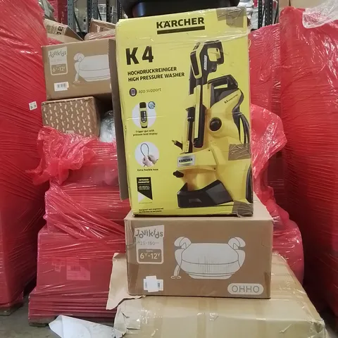 PALLET CONTAINING VARIOUS ASSORTED BOXED HOUSEHOLD ITEMS TO INCLUDE: KARCHER K4, BABY CAR SEATS, ROLLAROR WALKING AID AND LOTS MORE UNMARKED BOXED ITEMS