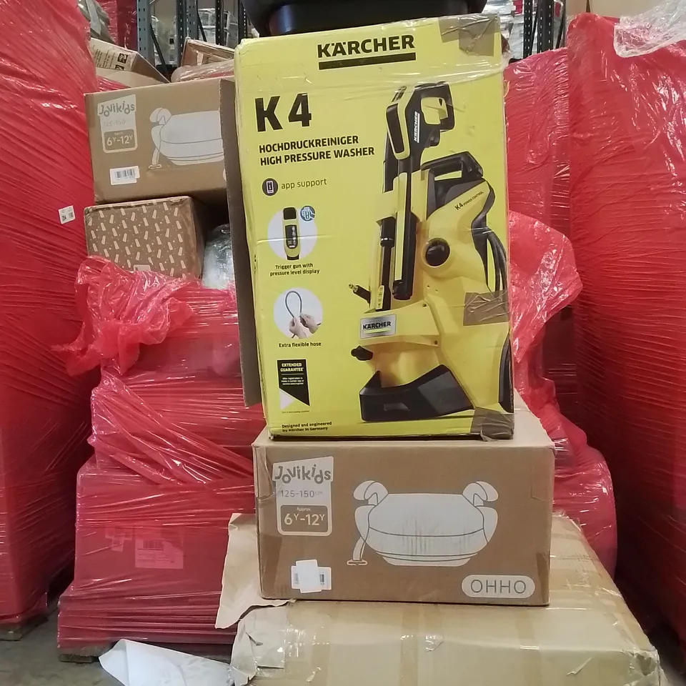 PALLET CONTAINING VARIOUS ASSORTED BOXED HOUSEHOLD ITEMS TO INCLUDE: KARCHER K4, BABY CAR SEATS, ROLLAROR WALKING AID AND LOTS MORE UNMARKED BOXED ITEMS 