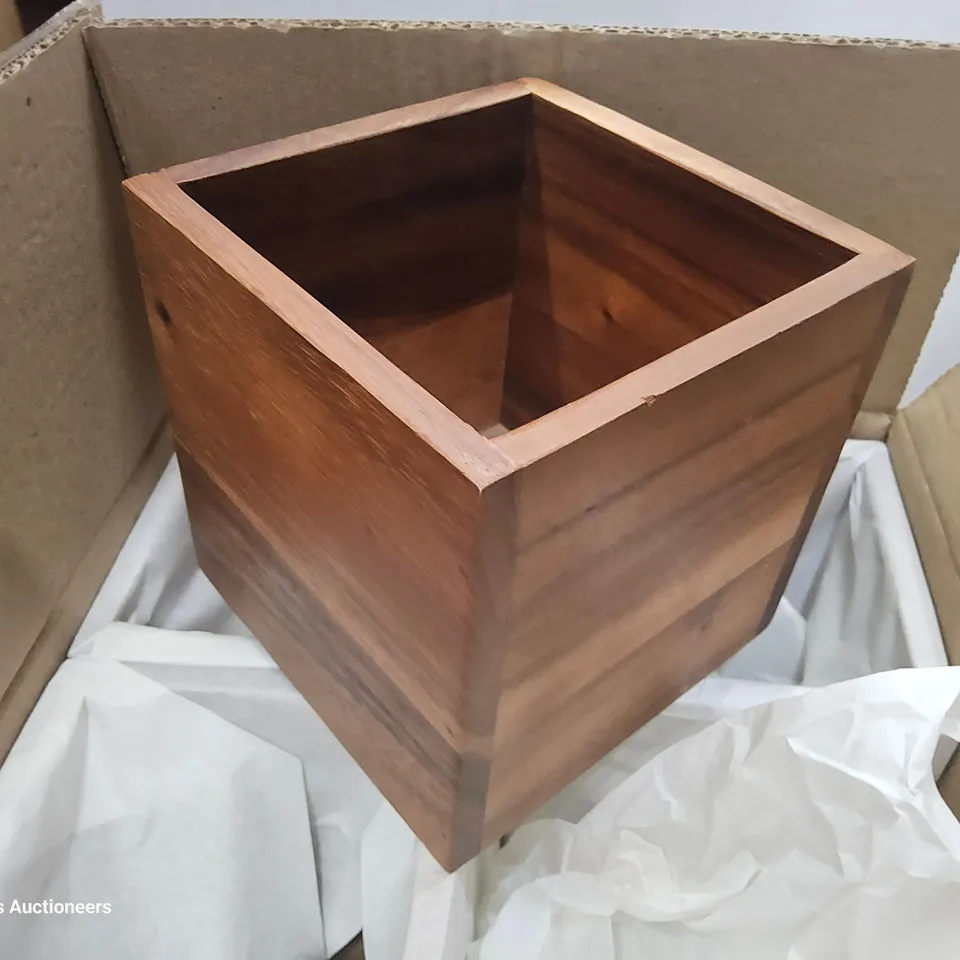 TWELVE LARGE ACACIA WOOD SQUARE STORAGE/DISPLAY BOXES ( 3 BOXES )