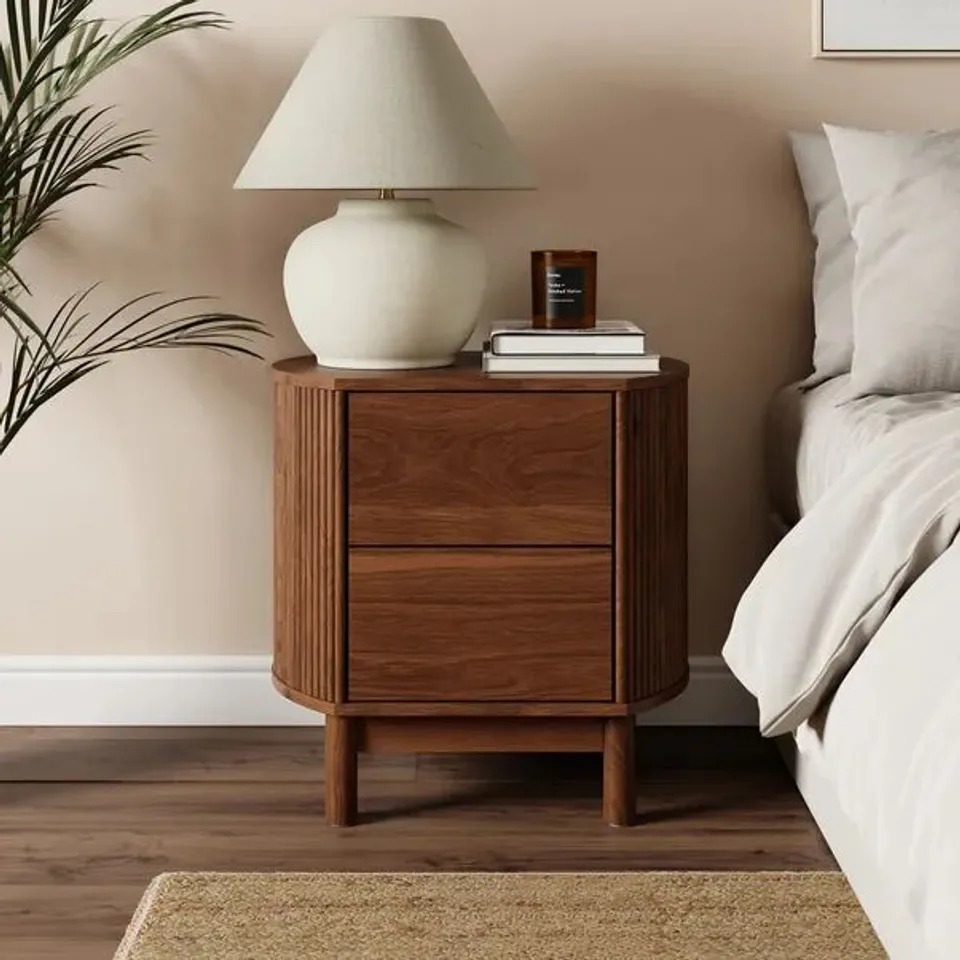 BOXED MATEO 2 DRAWER BEDSIDE TABLE - WALNUT EFFECT (1 BOX)