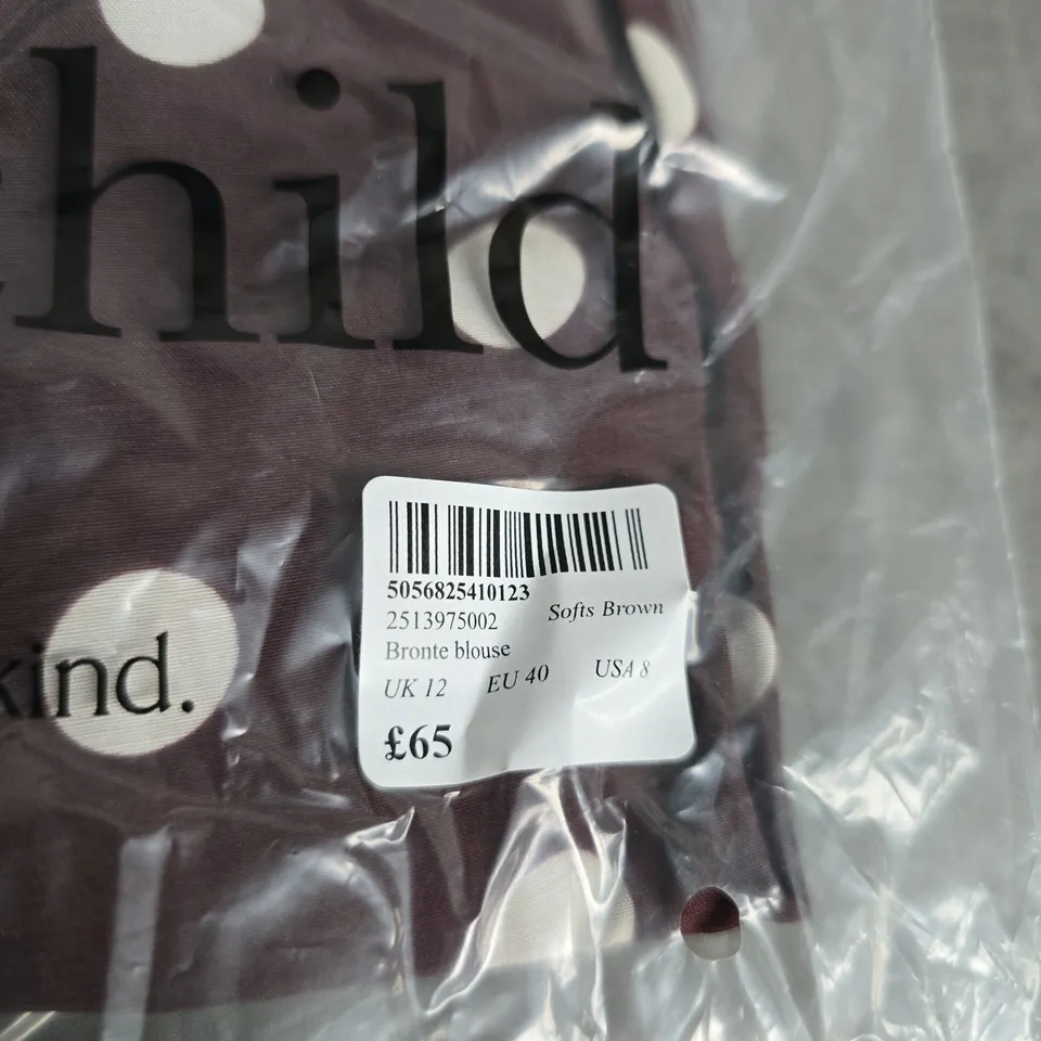 NOBODY'S CHILD BRONTE BLOUSE – SOFT BROWN WITH WHITE POLKA DOTS, UK 12
