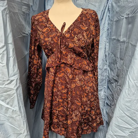 NEW LOOK WOMEN'S DRESS – BROWN FLORAL WRAP STYLE, UK 12 (EU 40, USA 8) – MADE IN INDIA