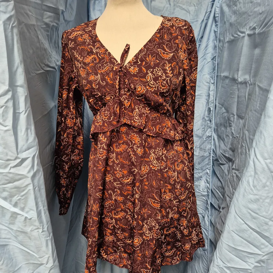 NEW LOOK WOMEN'S DRESS – BROWN FLORAL WRAP STYLE, UK 12 (EU 40, USA 8) – MADE IN INDIA