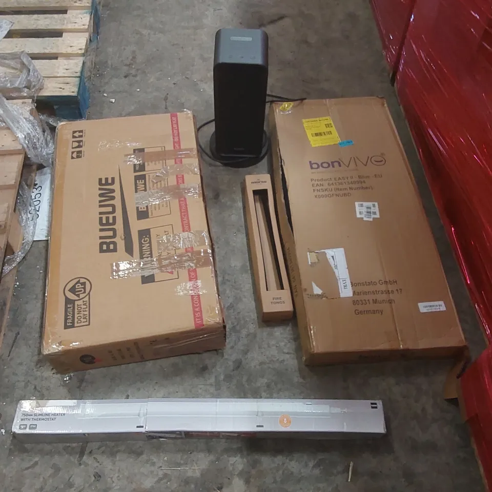 PALLET CONTAINING ASSORTED ITEMS TO INCLUDE: BUEUWE SCOOTER, GOVEELIFE HEATER, SLIMLINE HEATER, FIRE TONGS ECT