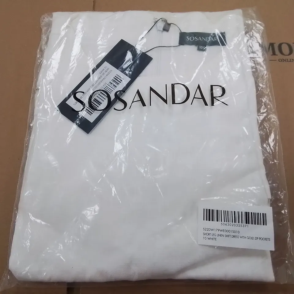 BAGGED SOSANDAR SHORT KEG LINEN SHIFT DRESS WITH GOLD ZIP PICKETS - 10