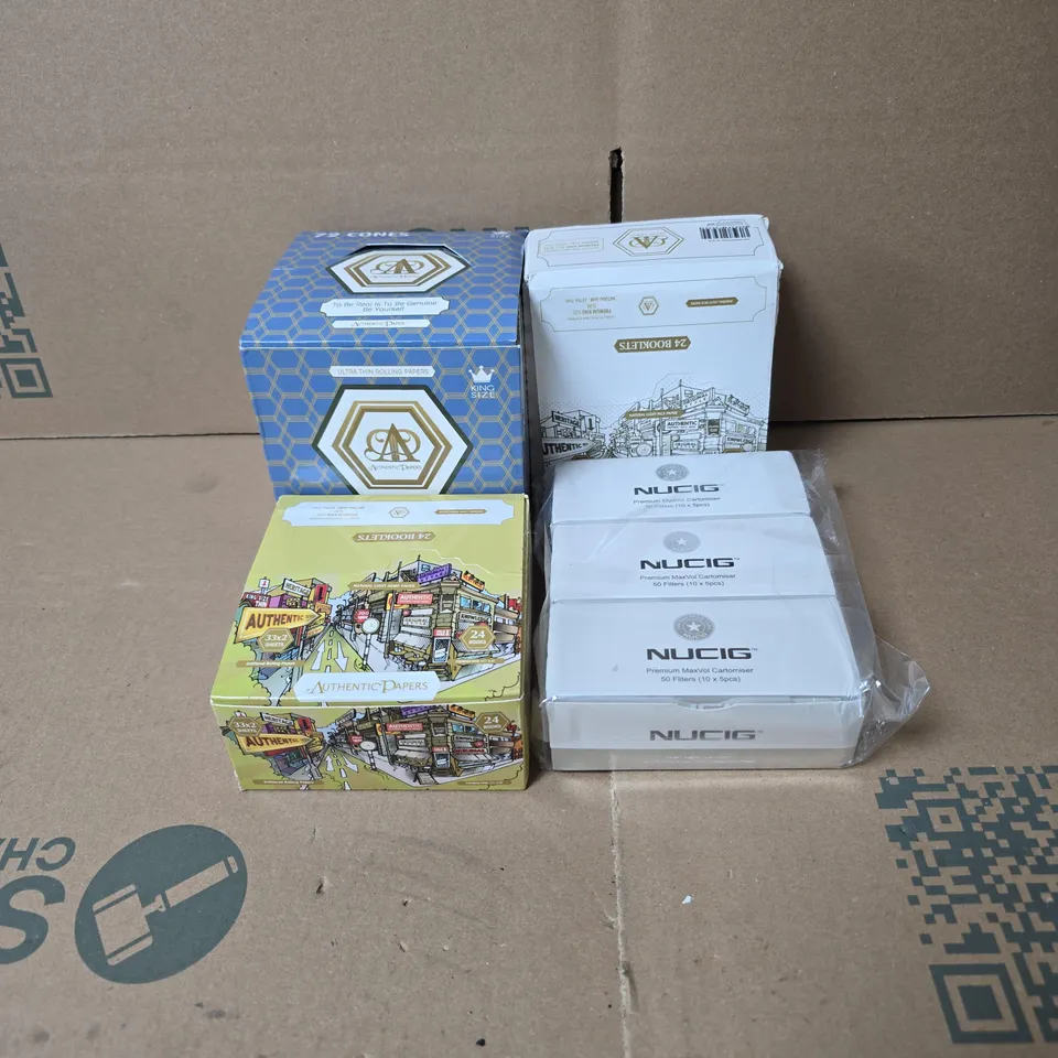 TOTE OF APPROXIMATELY 12 ASSORTED SMOKING RELATED PRODUCTS TO INCLUDE NUCIG, KING SIZE AUTHENTIC PAPERS ETC