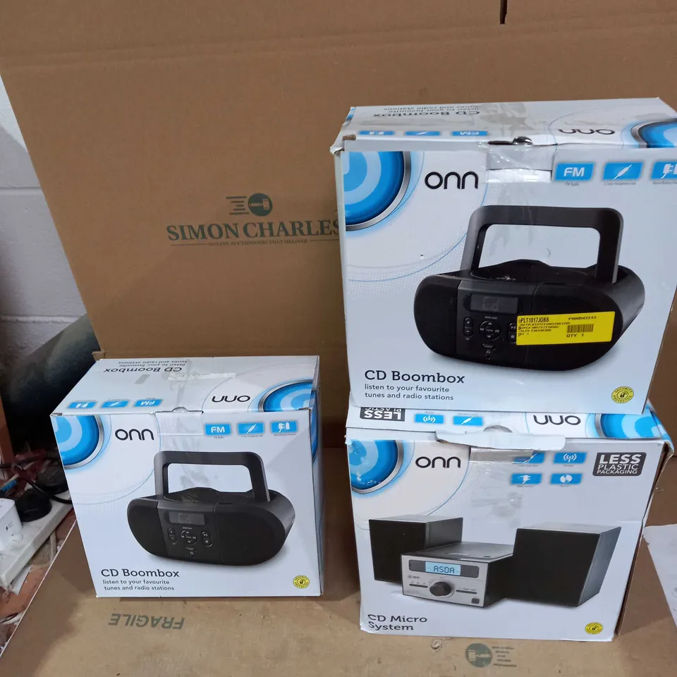 LOT OF 3 ASSORTED ONN CD SYSTEMS TO INCLUDE MICRO SYSTEM AND BOOMBOXES