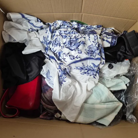 LARGE BOX OF APPROXIMATELY 20 ASSORTED CLOTHING ITEMS IN VARIOUS SIZES, STYLES AND COLOURS
