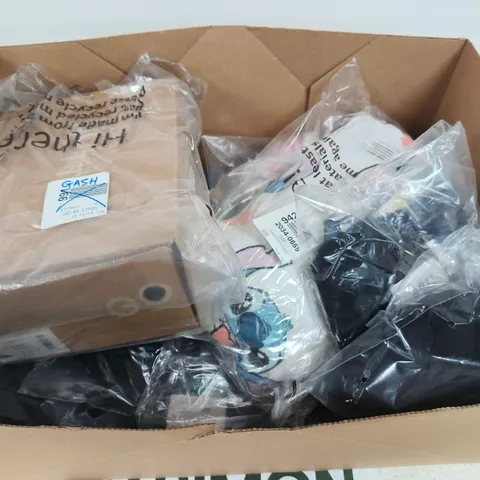 BOX OF APPROXIMATELY 10 ASSORTED CLOTHING AND SHOE ITEMS IN VARIOUS COLORS, STYLES AND SIZES