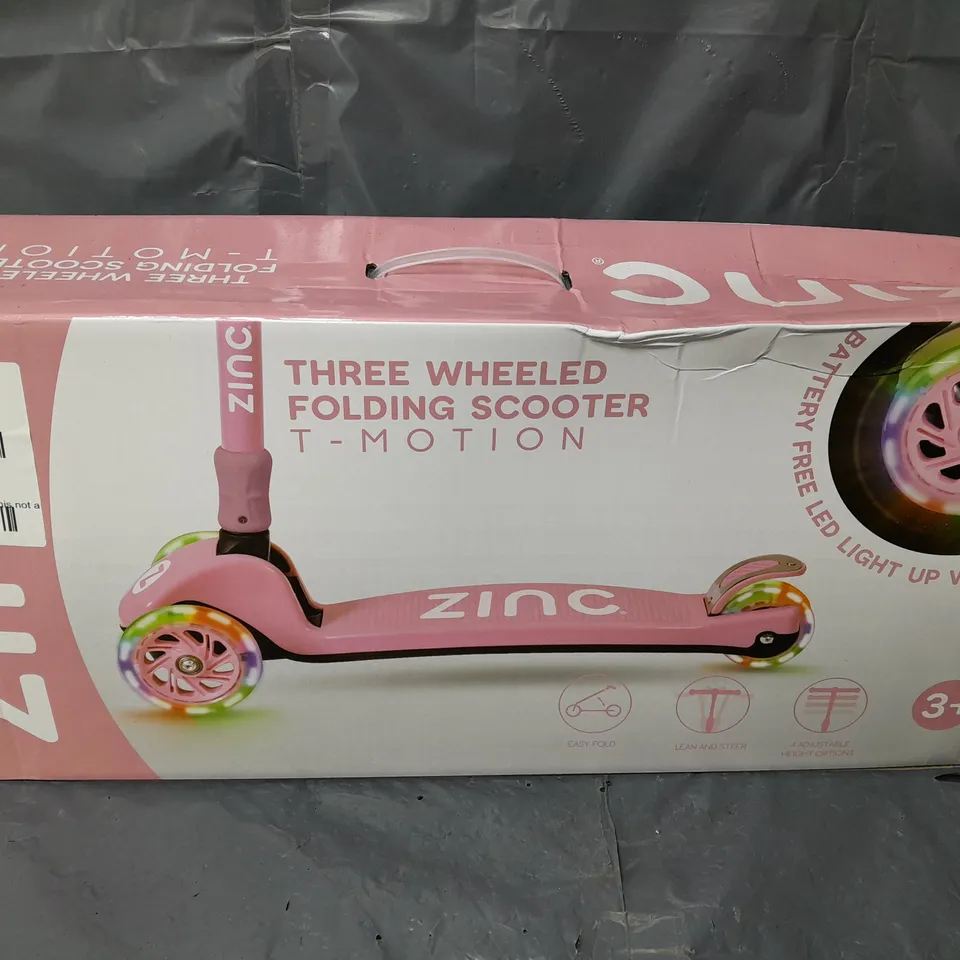 BOXED ZINC THREE WHEELED FOLDING T-MOTION SCOOTER IN PINK 