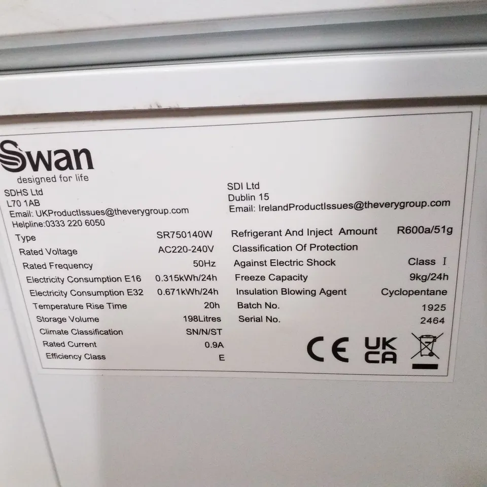 SWAN SR750140W 198L CHEST FREEZER - WHITE