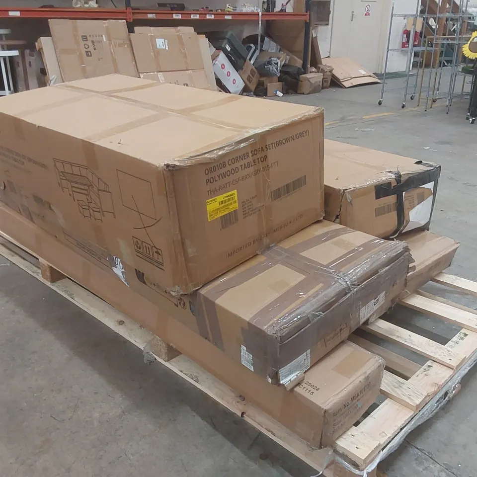 PALLET CONTAINING A LARGE QUANTITY OF ASSORTED ITEMS INCLUDING: ASSORTED FURNITURE PARTS, NEO KAMADO BBQ ECT