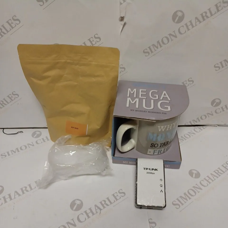 APPROXIMATELY 10 HOUSEHOLD ITEMS TO CONTAIN SOY WAX, MEGA MUG, SHOE INSOLES, TP-LINK PLUG 200MBPS ETC 