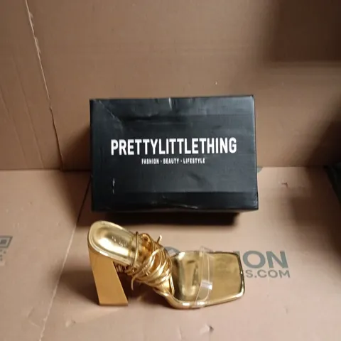 PRETTYLITTLETHING SANDALS – GOLD STRAPPY HIGH HEEL WITH NUDE FOOTBED (BOXED) - SIZE UK 6