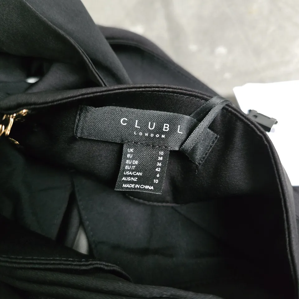 CLUB L LONDON MAUREEN BLACK SATIN HIGH-NECK DRAPED MAXI DRESS – UK 10