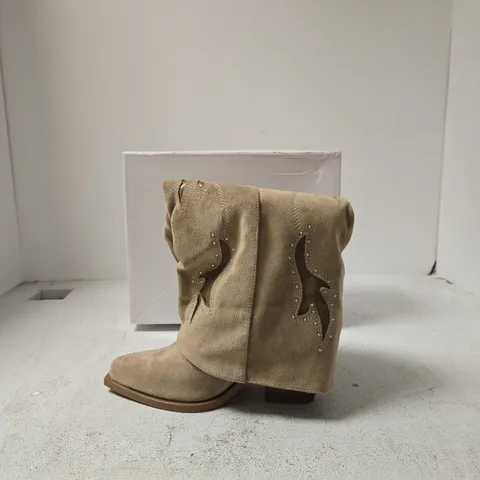 IDEAL SHOES UK4 KHAKI SUEDE WESTERN-STYLE BOOTS WITH CUT-OUT DETAILING