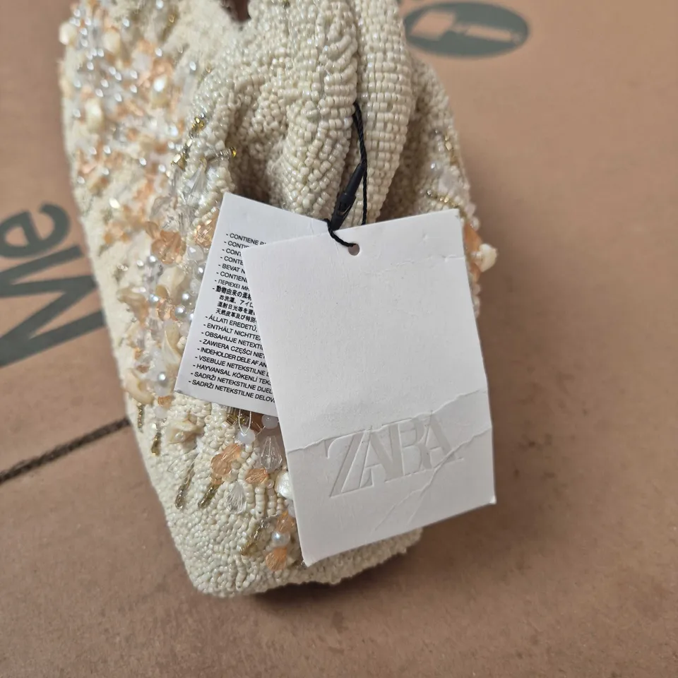 ZARA BEADED CLUTCH BAG WITH PEARL EMBELLISHMENTS – CREAM