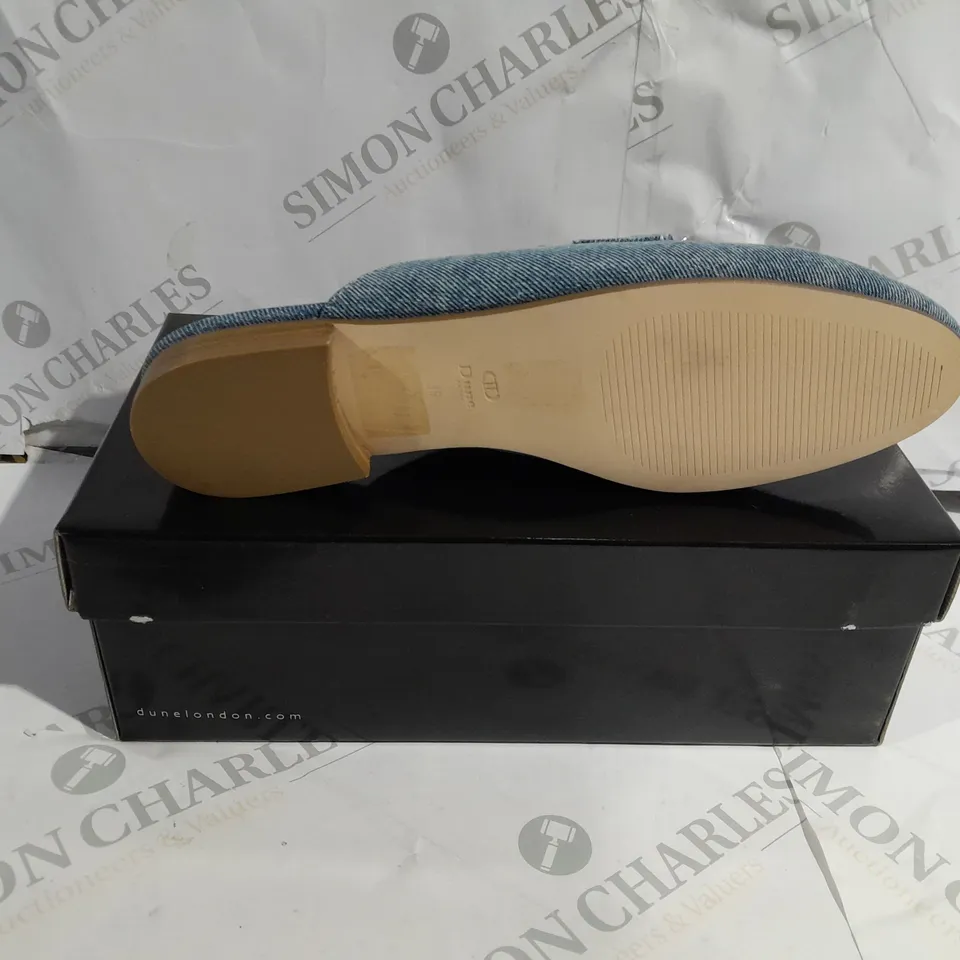 BOXED PAIR OF DUNE LONDON LOAFERS IN BLUE DENIM UK SIZE 6