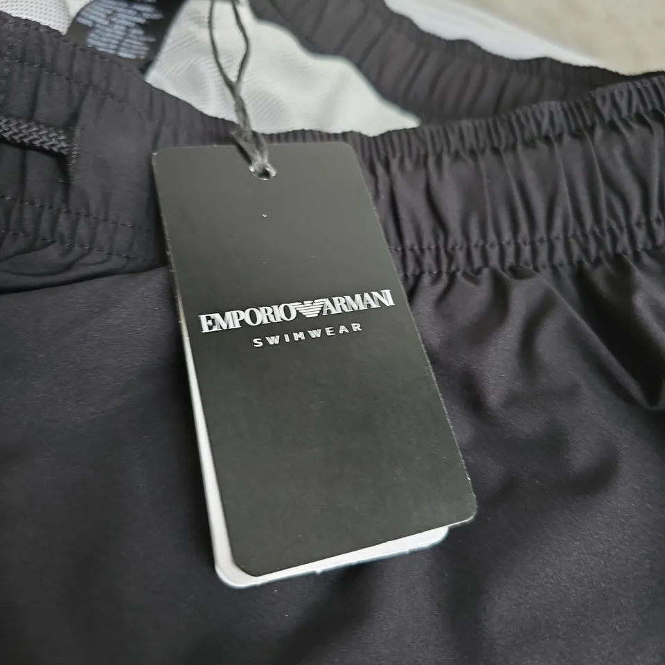 EMPORIO ARMANI SWIMWEAR MEN'S SWIM SHORTS – BLACK, ELASTIC WAIST WITH DRAWSTRING (LARGE)