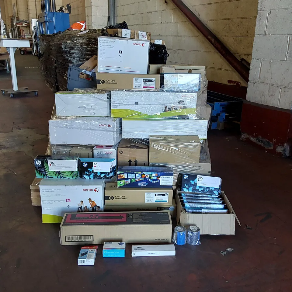 PALLET OF APPROXIMATELY 70X BOXES OF BRAND NEW ASSORTED PRINTER CARTRIDGES FROM BRANDS INCLUDING; HP, XEROX, PANASONIC, CANON, KATUN, DATAPRODUCTS ECT AND 11 ROLLS OF PREMIUM PRINTER WAX