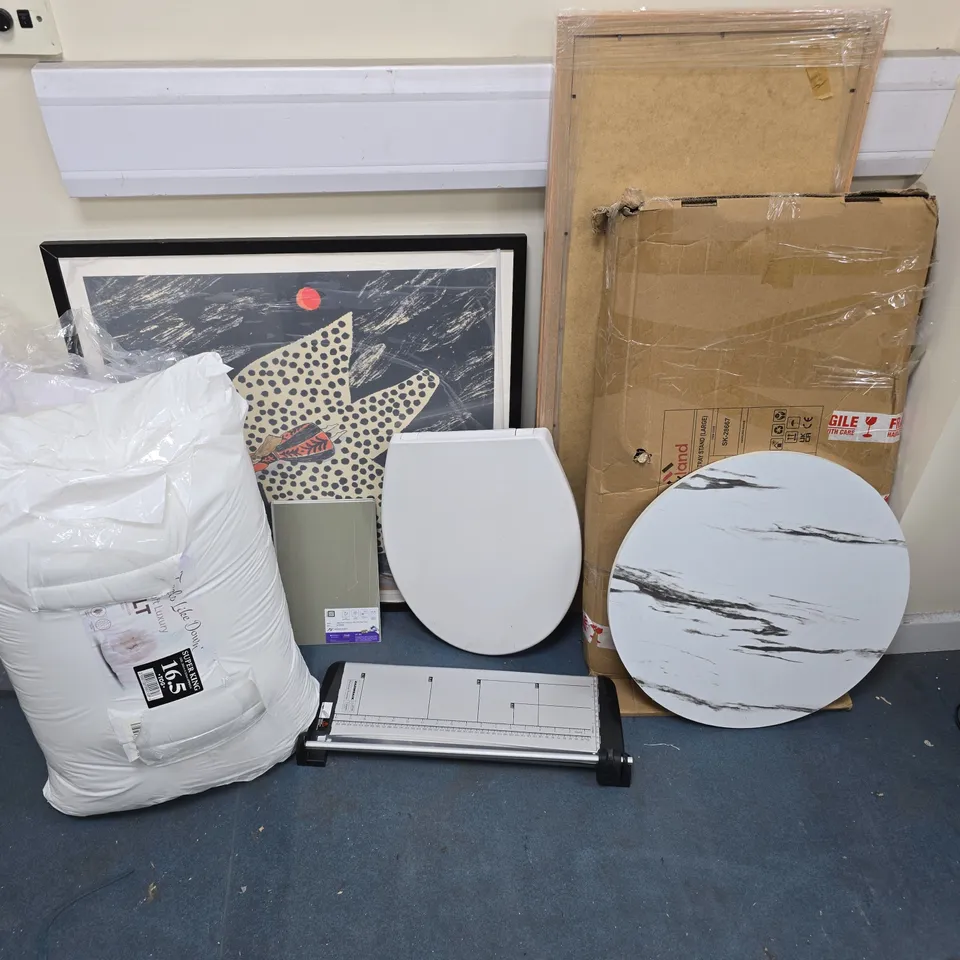 LOT OF APPROXIMATELY 20 ASSORTED HOUSEHOLD ITEMS TO INCLUDE STRING LIGHT, TOILET TISSUE, PILLOWS, FRAMED ART AND NURSERY TRAY STAND