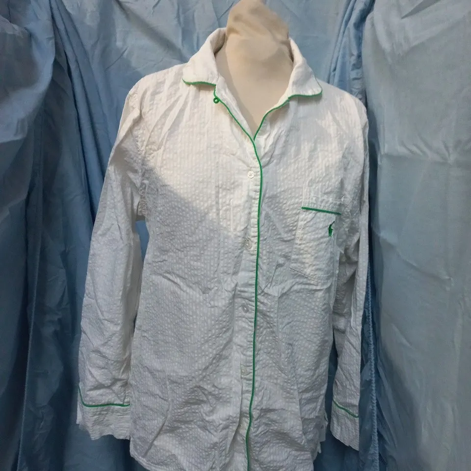 POLO BY RALPH LAUREN WHITE SHIRT WITH GREEN PIPING – SIZE S (UK 8–10)