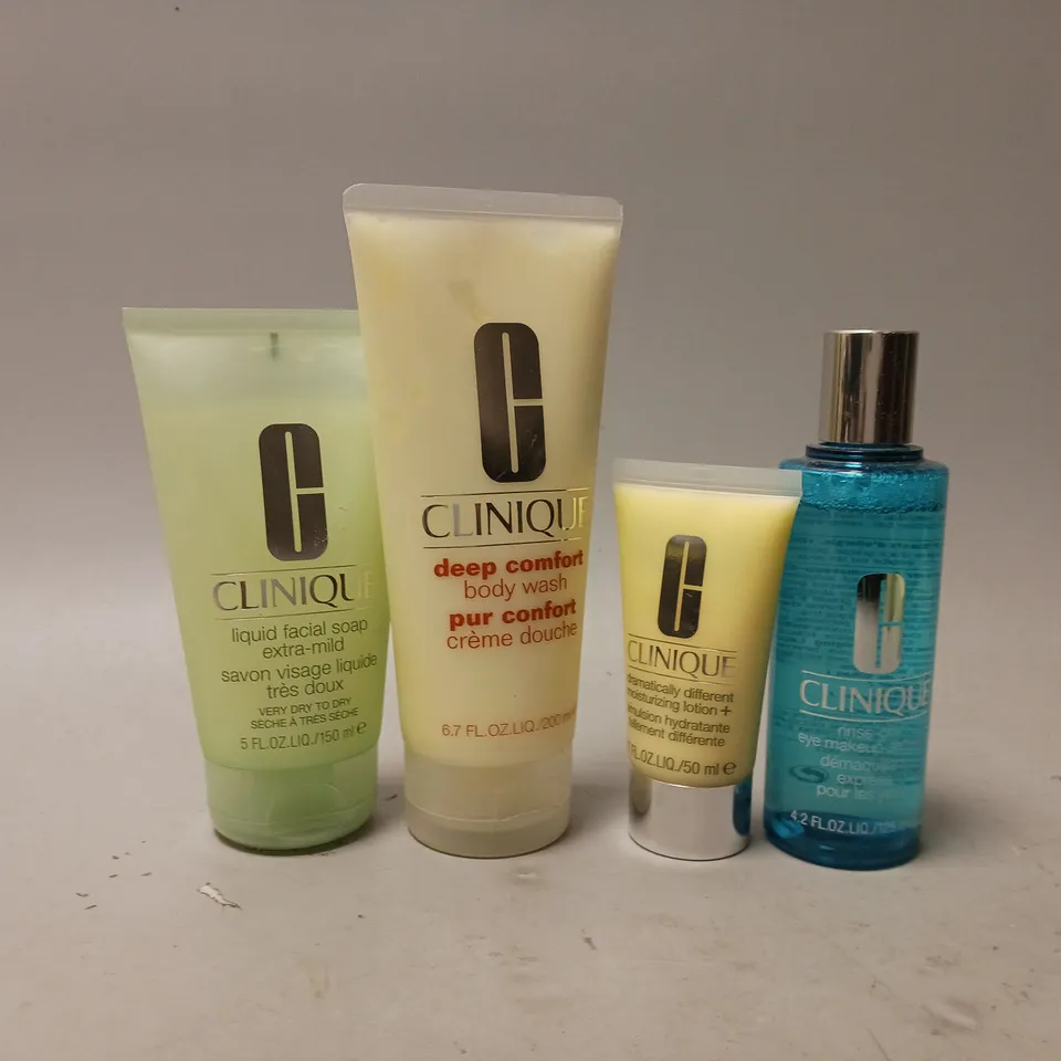 4 CLINIQUE BEAUTY PRODUCTS TO INCLUDE LIQUID FACIAL SOAP, RINSE-OFF EYE MAKEUP SOLVENT, DEEP COMFORT BODY WASH, MOISTURISING LOTION 