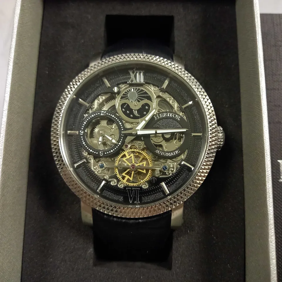 BOXED HERITOR EXPOSED FACE STAINLESS STEEL AUTOMATIC SUN AND MOON WATCH WITH BLACK LEATHER STRAP