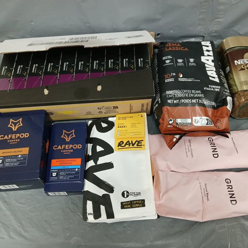 APPROXIMATELY 6 ASSSORTED COFFEE PRODUCTS TO INCLUDE LOR ESPRESSO, GRIND, AND CAFEPOD ETC.