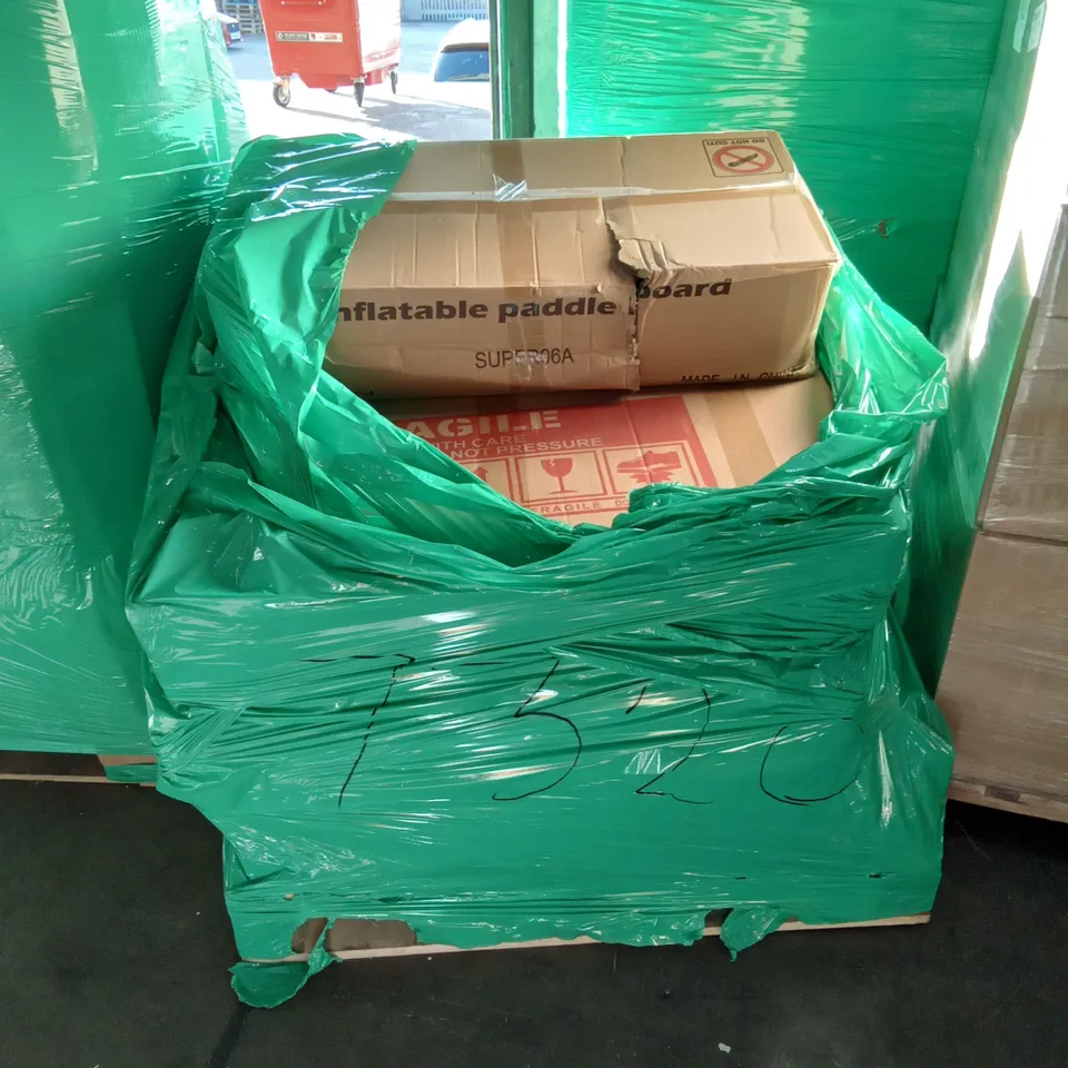 PALLET OF ASSORTED ITEMS INCLUDING INFLATABLE PADDLE BOARD, BEDSIDE TABLE WITH 3 DRAWERS