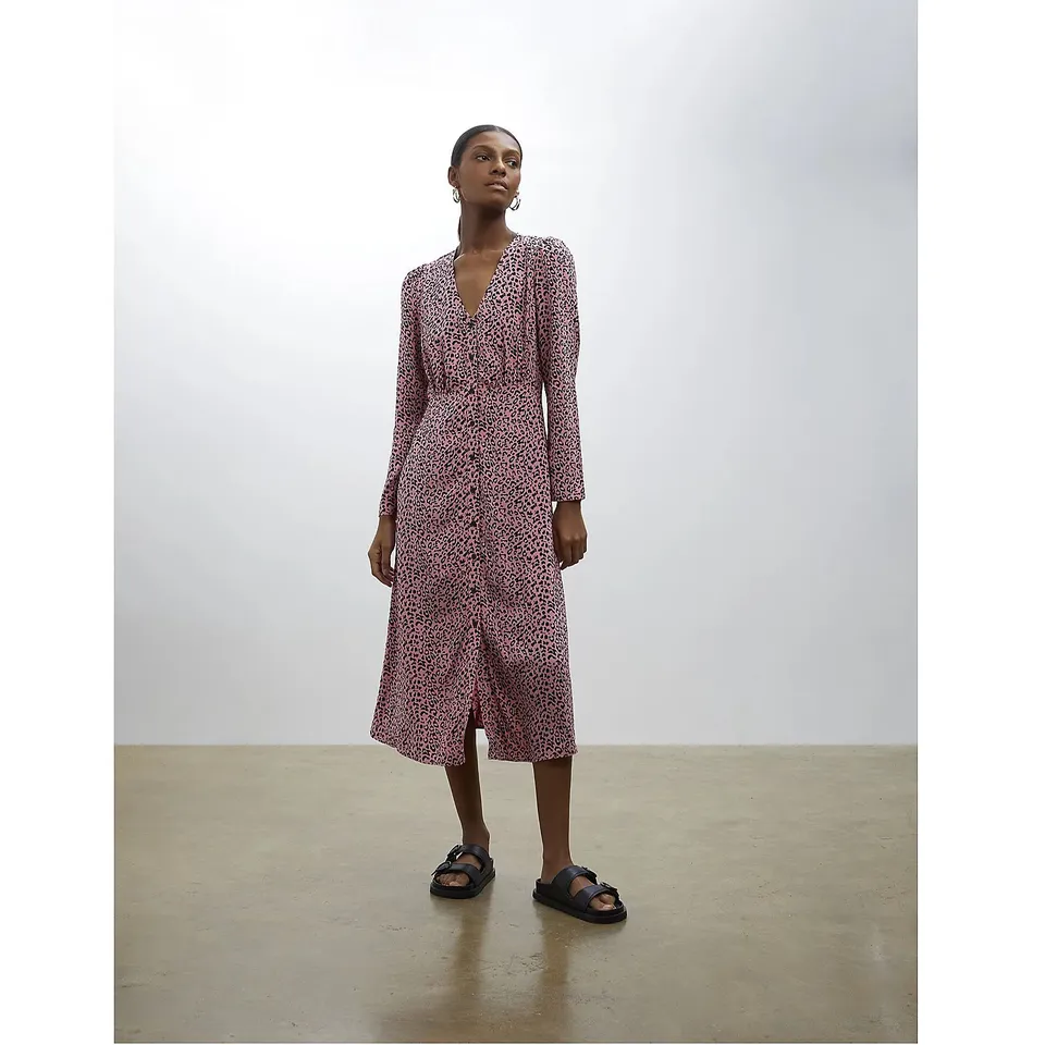 FINERY TORLA BUTTON THROUGH MIDI DRESS - PINK LEOPARD - SIZE 16