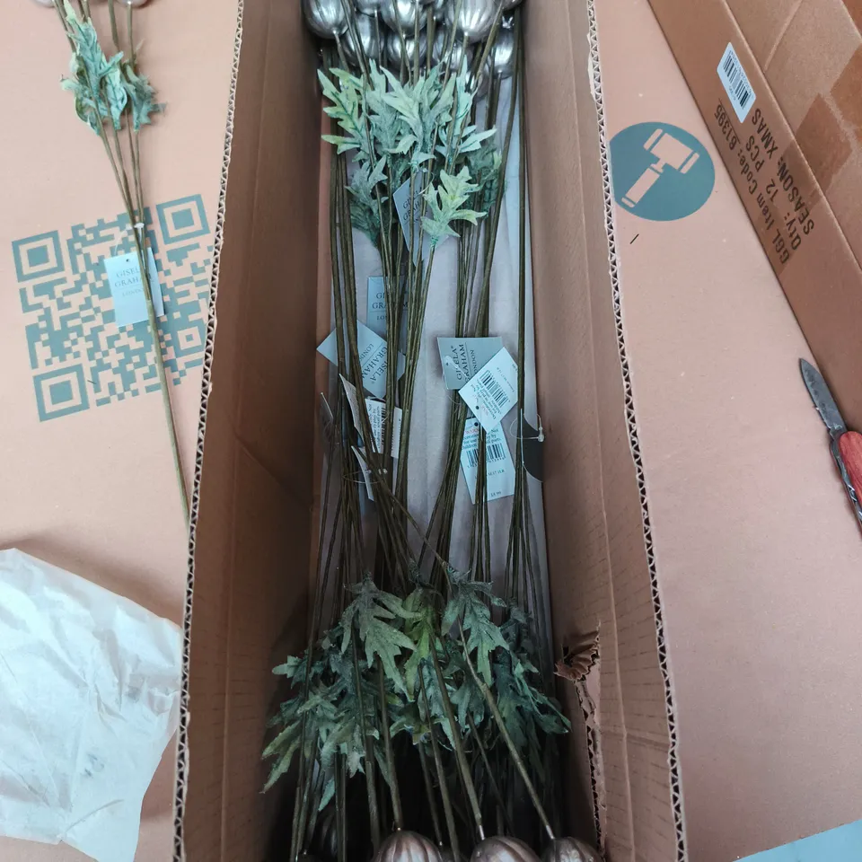 GISELA GRAHAM LONDON ARTIFICIAL SILVER SEED-POD STEMS – DECORATIVE FAUX FLORA - BOX OF 12PCS