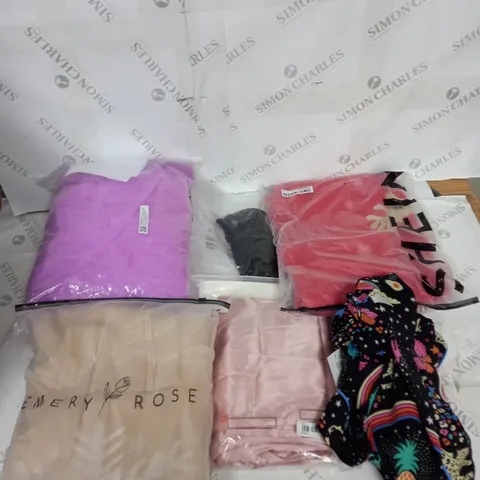LARGE BOX OF ASSORTED CLOTHING ITEMS IN VARIOUS COLOURS AND SIZES INCLUDING TROUSERS , TOPS AND JUMPERS