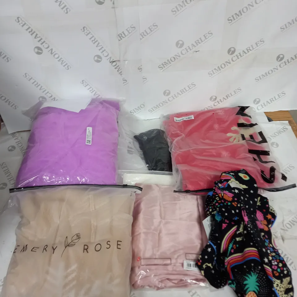 LARGE BOX OF ASSORTED CLOTHING ITEMS IN VARIOUS COLOURS AND SIZES INCLUDING TROUSERS , TOPS AND JUMPERS