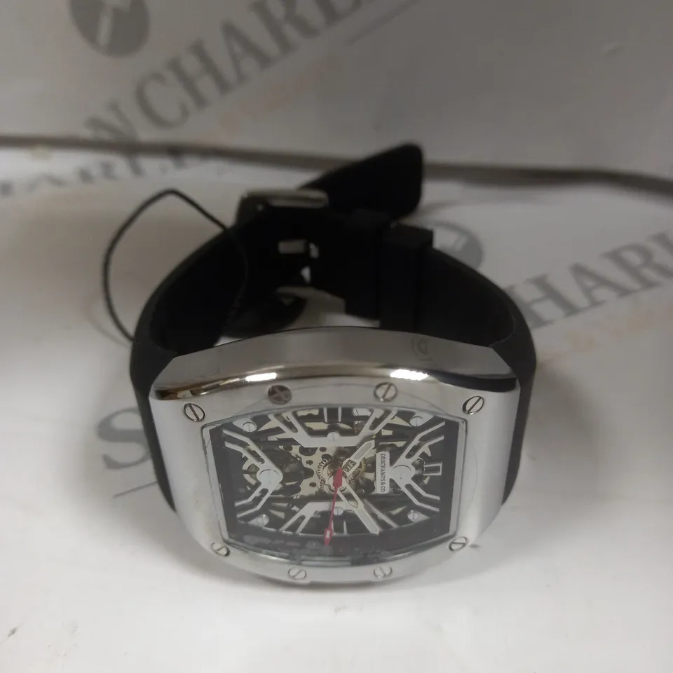 MENS AUTOMATIC DESCHAMPS & CO WATCH – SKELETON DIAL – GLASS EXHIBITION BACK CASE – RUBBER STRAP – WOODEN GIFT BOX