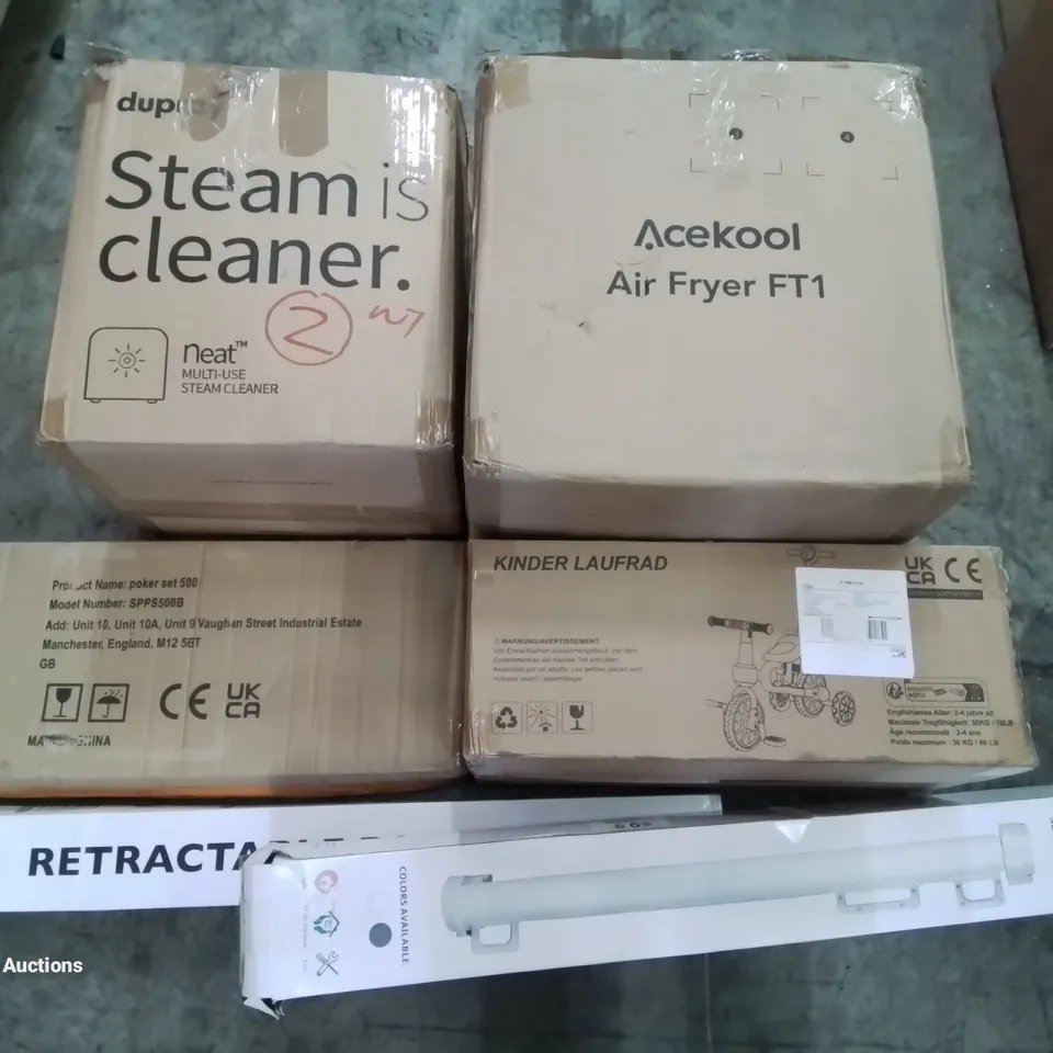 PALLET OF ASSORTED ITEMS INCLUDING STEAM CLEANER, AIR FRYER, POKER SET, KIDS TRICYCLE, RETRACTABLE SAFETY GATE 
